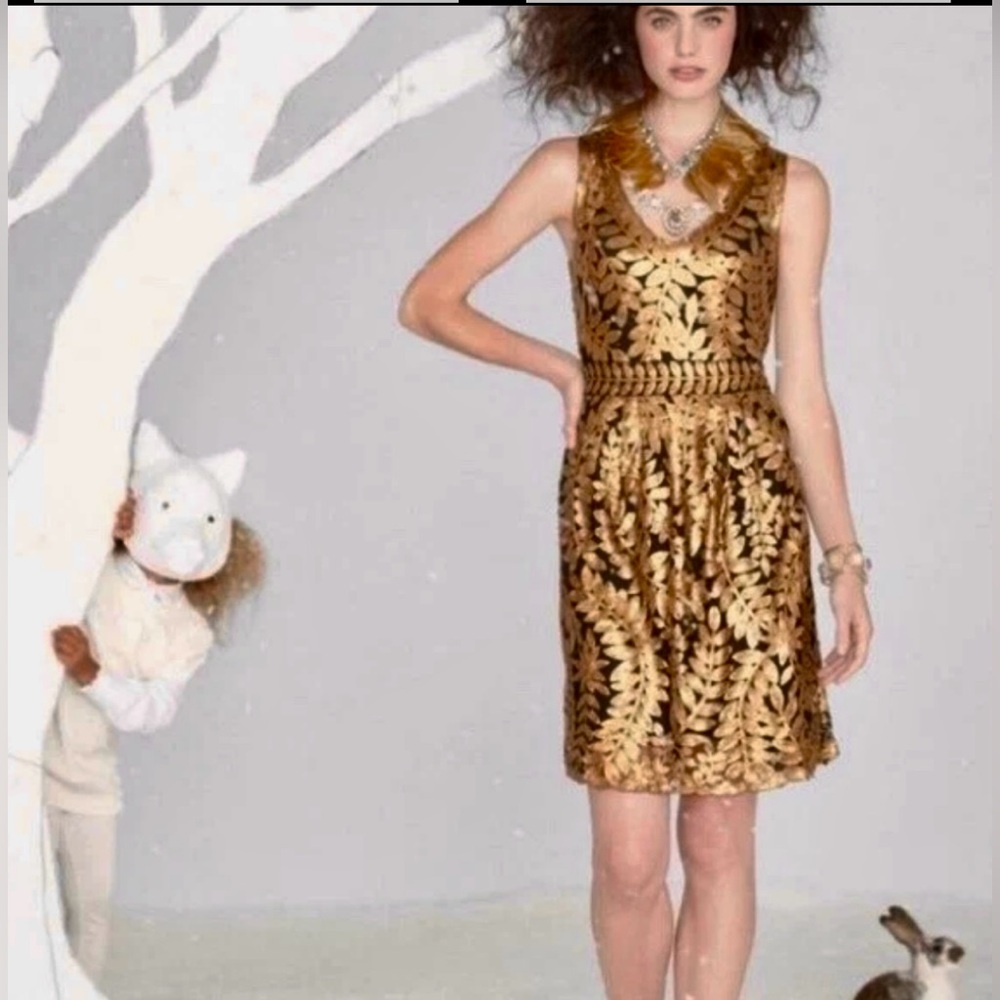 Anthropologie Alabama Project Sleeveless Black Mesh + Gold Leaf Sequined Dress